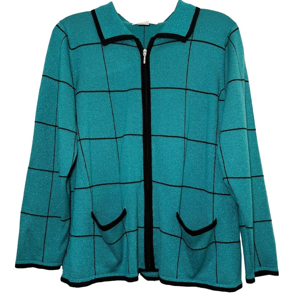 Vintage Allison Daley Petite PM Teal Metallic Zip Cardigan Windowpane Sweater